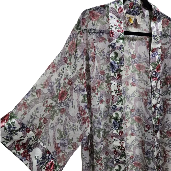 VTG Victoria's Secret Sheer Floral Robe Satin Trim Gold Label One Size - Picture 4 of 10